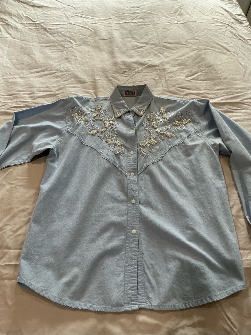 Vintage Taxco blue pearl beaded western shirt long sleeve